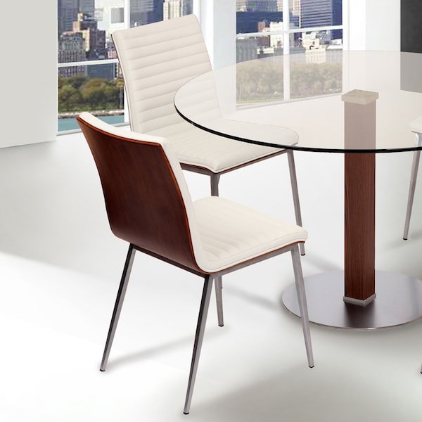 Armen Living Cafe Brushed Stainless Steel Dining Chair in White Faux Leather with Walnut Back - Set of 2 - LCCACHWHB201