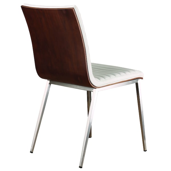 Armen Living Cafe Brushed Stainless Steel Dining Chair in White Faux Leather with Walnut Back - Set of 2 - LCCACHWHB201