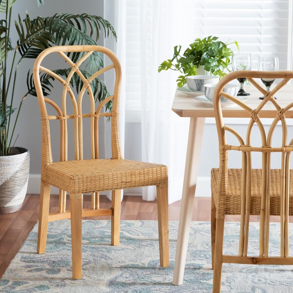Baxton Studio Monaco Modern Bohemian Oak Brown Finished Mahogany Wood and Natural Rattan Dining Chair - 228-13100-ZORO
