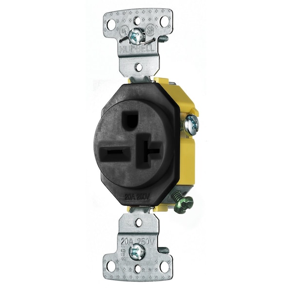 Hubbell Wiring Device-Kellems TradeSelect, Straight Blade, Single Receptacle, Self Grounding, 20A 250V, 2-Pole 3-Wire Grounding, 6-20R, Black - RR205BK