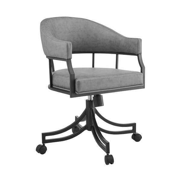 Armen Living Tibet Swivel Tilt Rolling Dining Chair with Matte Black Iron and Vintage Gray Faux Leather - LCTISIGRYBLK