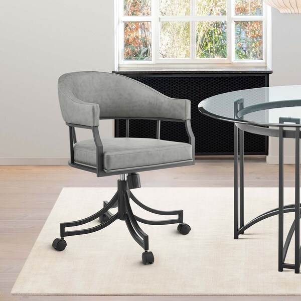 Armen Living Tibet Swivel Tilt Rolling Dining Chair with Matte Black Iron and Vintage Gray Faux Leather - LCTISIGRYBLK