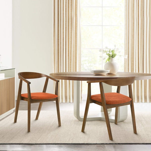 Armen Living Santana Wood Dining Chair in Walnut Finish with Orange Fabric - Set of 2 - LCSACHWAOR