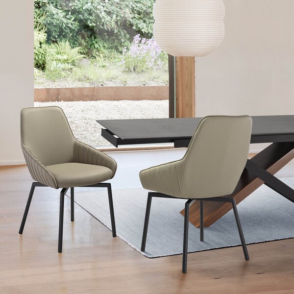 Armen Living Shilo Swivel Upholstered Dining Chair in Taupe Gray Faux Leather with Black Metal Legs - Set of 2 - LCSHSITAGRYBLK