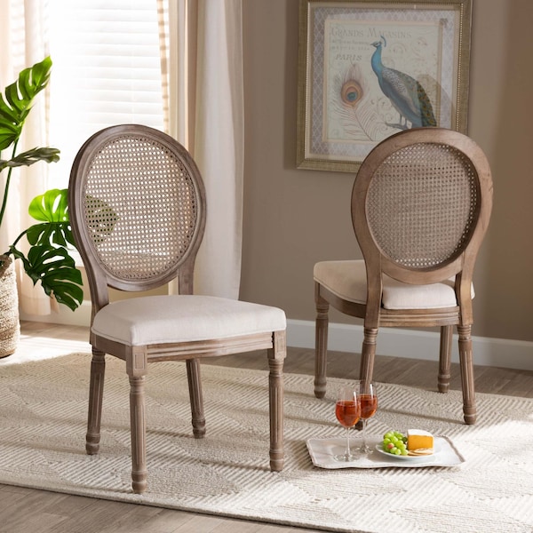 Baxton Studio Louis Traditional Beige Fabric Upholstered Wood and Rattan Dining Chair Set(2PC) PR - 200-2PC-12335-ZORO
