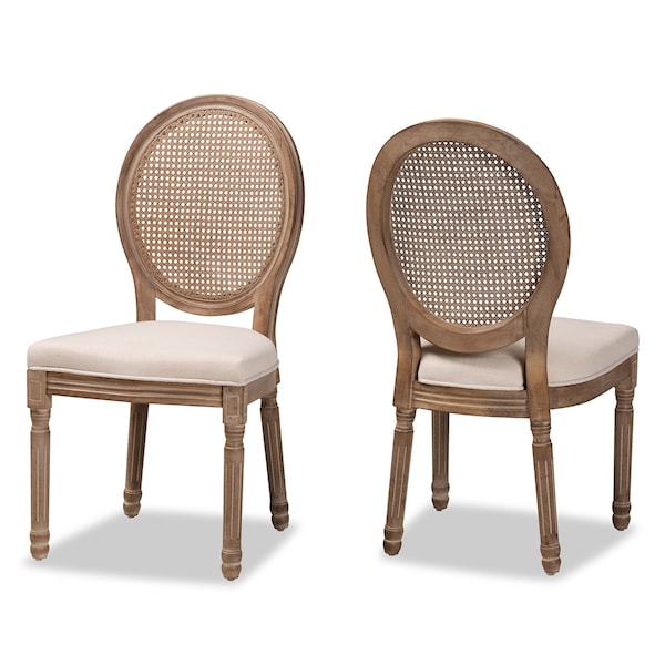 Baxton Studio Louis Traditional Beige Fabric Upholstered Wood and Rattan Dining Chair Set(2PC) PR - 200-2PC-12335-ZORO