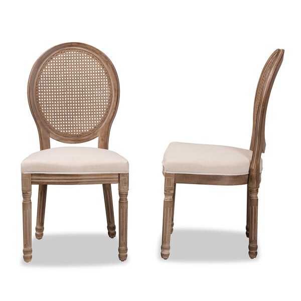 Baxton Studio Louis Traditional Beige Fabric Upholstered Wood and Rattan Dining Chair Set(2PC) PR - 200-2PC-12335-ZORO