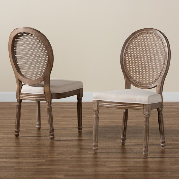 Baxton Studio Louis Traditional Beige Fabric Upholstered Wood and Rattan Dining Chair Set(2PC) PR - 200-2PC-12335-ZORO