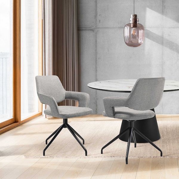 Armen Living Penny Swivel Upholstered Dining Chair in Gray Fabric with Black Metal Legs - Set of 2 - LCPESIGRYBLK