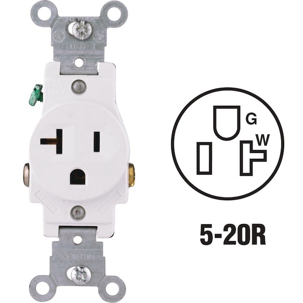 Leviton 20A White Commercial Grade 5-20R Shallow Single Outlet - S12-5801-KWS