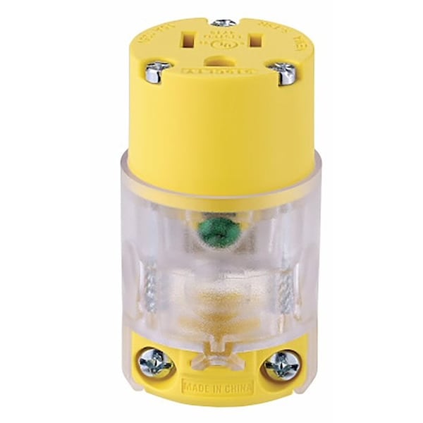 Eaton Wiring Devices Eaton Lighted Connector, 2-Pole, 15 A, 125 VAC, Screw, NEMA: 5-20R, Yellow - 515CLTY-F
