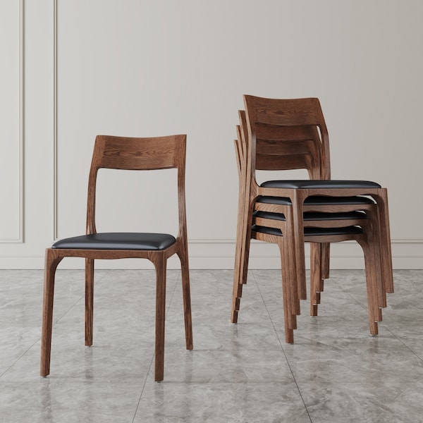 Manhattan Comfort Modern Moderno Stackable Dining Chair in Leatherette with Solid Wood Frame in Walnut&Black, 2PK - DC070-BK