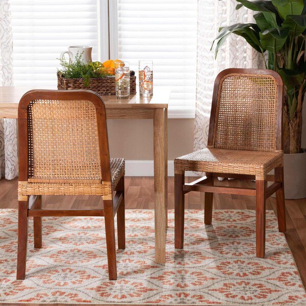 Baxton Studio Caspia MidCentury Modern Walnut Brown Mahogany Wood and Natural Rattan 2Piece Dining Chair Set, PR - 211-2PC-12760-ZORO