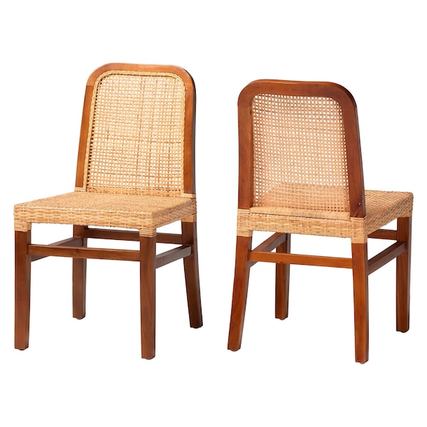 Baxton Studio Caspia MidCentury Modern Walnut Brown Mahogany Wood and Natural Rattan 2Piece Dining Chair Set, PR - 211-2PC-12760-ZORO