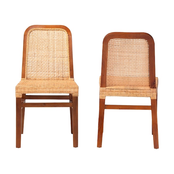 Baxton Studio Caspia MidCentury Modern Walnut Brown Mahogany Wood and Natural Rattan 2Piece Dining Chair Set, PR - 211-2PC-12760-ZORO