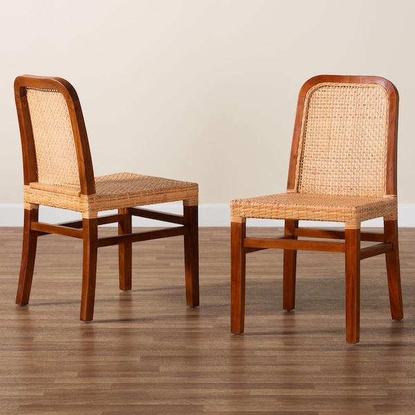 Baxton Studio Caspia MidCentury Modern Walnut Brown Mahogany Wood and Natural Rattan 2Piece Dining Chair Set, PR - 211-2PC-12760-ZORO