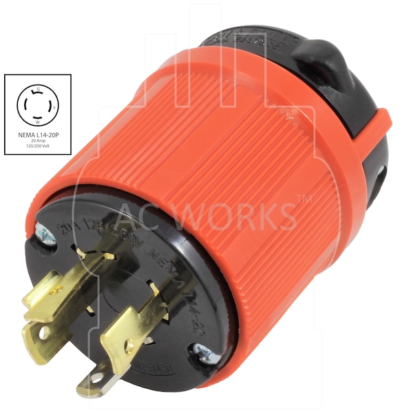 Ac Works NEMA L14-20P 20A 125/250V 4-Prong Locking Male Plug With UL, C-UL Approval in Orange - ASL1420P