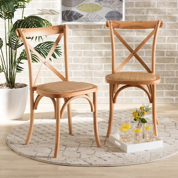 Baxton Studio Tartan Mid-Century Brown Woven Rattan and Wood Dining Chair Set(2PC) PR - 195-2PC-12390-ZORO