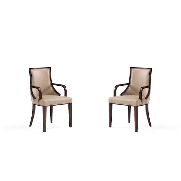 Manhattan Comfort Grand Faux Leather and Velvet Dining Armchair in Tan with Beech Wood Frame - Set of 2 - 2-DC048AR-TN