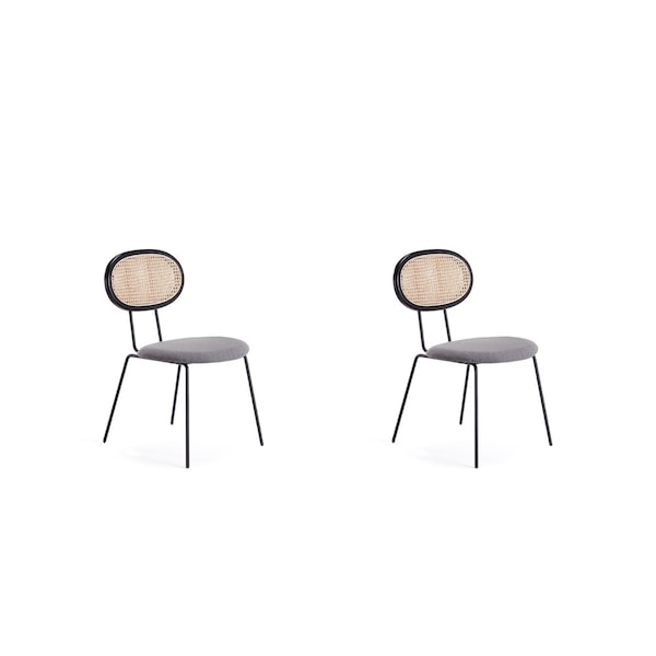 Manhattan Comfort Jardin Dining Chair in Black  with Cane and Grey Upholstered Seating, Set of 2 - DCCA06-GY