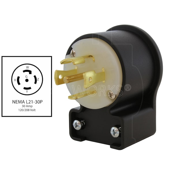 Ac Works NEMA L21-30P 30A 3-Phase 120/208V 3PY, Elbow 5-Wire Locking Male UL, C-UL Approval - ASEL2130P