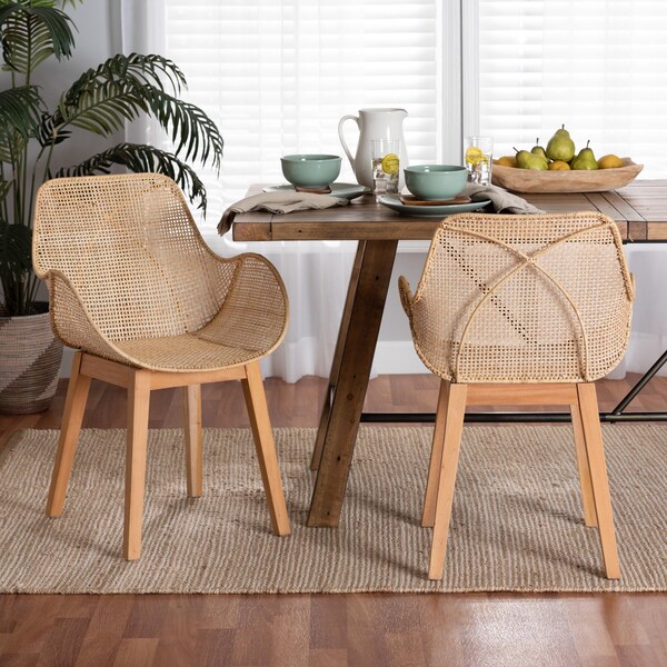 Baxton Studio Ballerina Japandi Natural Brown Finished Mahogany Wood and Rattan 2-Piece Dining Chair Set, PR - 233-2PC-12829-ZORO
