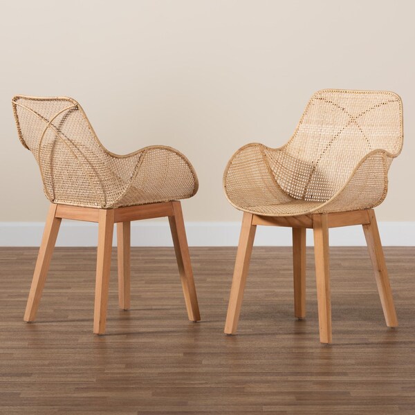 Baxton Studio Ballerina Japandi Natural Brown Finished Mahogany Wood and Rattan 2-Piece Dining Chair Set, PR - 233-2PC-12829-ZORO