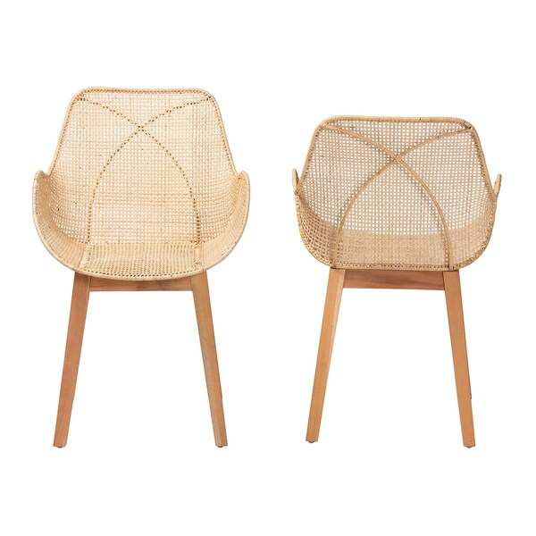 Baxton Studio Ballerina Japandi Natural Brown Finished Mahogany Wood and Rattan 2-Piece Dining Chair Set, PR - 233-2PC-12829-ZORO