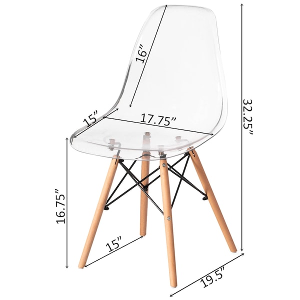 Fabulaxe Dining Chair with Wooden Dowel Eiffel Legs, DSW Transparent Plastic Shell Accent Chair, Clear - QI004627.CL