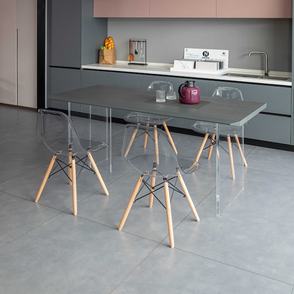 Fabulaxe Dining Chair with Wooden Dowel Eiffel Legs, DSW Transparent Plastic Shell Accent Chair, Clear - QI004627.CL