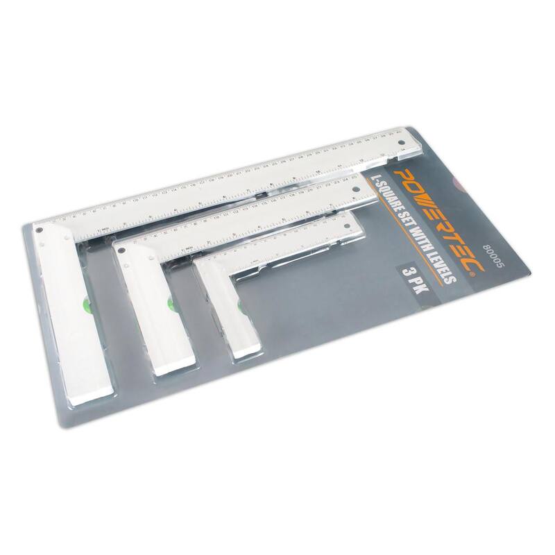 POWERTEC L-Shaped Square Set with Levels 5 in./ 8 in./ 14 in. L Premium Aluminum Standard and Metric (3-Pack) - 80005