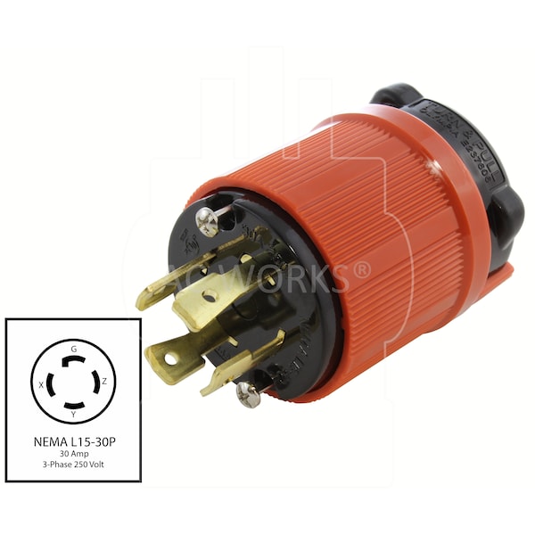 Ac Works NEMA L15-30P 3-Phase 30A 250V 4-Prong Locking Male Plug with UL, C-UL Approval in Orange - ASL1530P