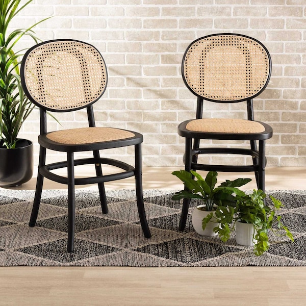 Baxton Studio Garold Mid-Century Brown Woven Rattan and Black Wood 2-Piece Cane Dining Chair Set PR - 195-2PC-12386-ZORO
