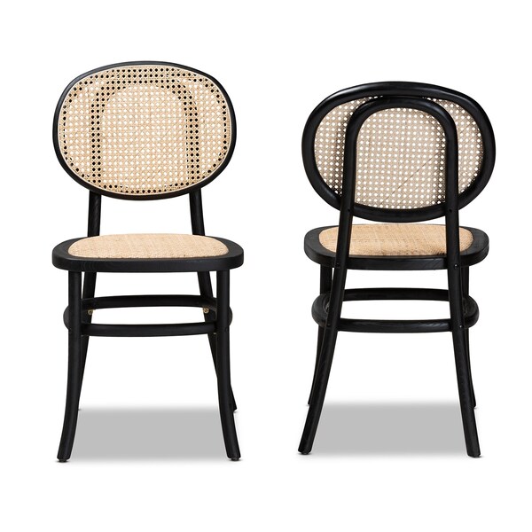 Baxton Studio Garold Mid-Century Brown Woven Rattan and Black Wood 2-Piece Cane Dining Chair Set PR - 195-2PC-12386-ZORO
