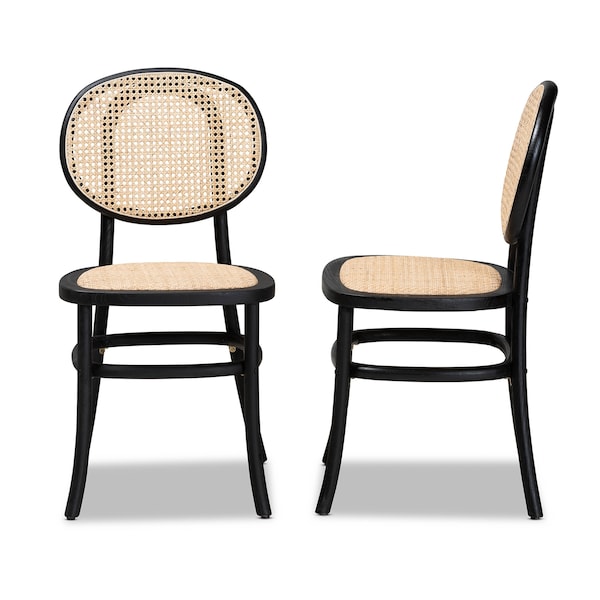 Baxton Studio Garold Mid-Century Brown Woven Rattan and Black Wood 2-Piece Cane Dining Chair Set PR - 195-2PC-12386-ZORO