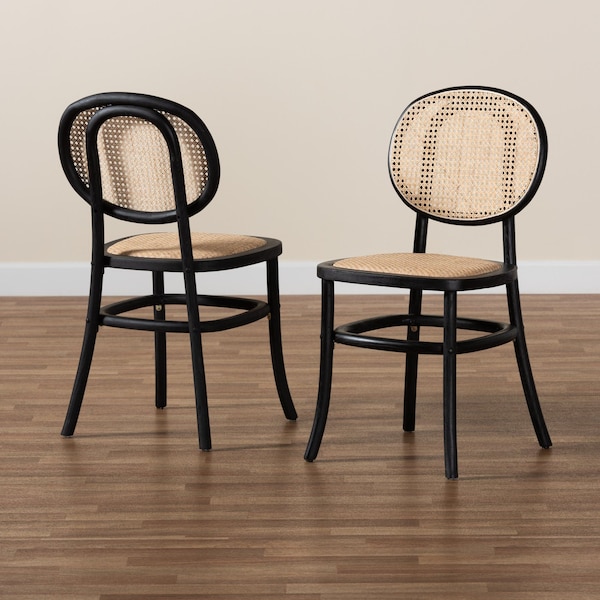 Baxton Studio Garold Mid-Century Brown Woven Rattan and Black Wood 2-Piece Cane Dining Chair Set PR - 195-2PC-12386-ZORO