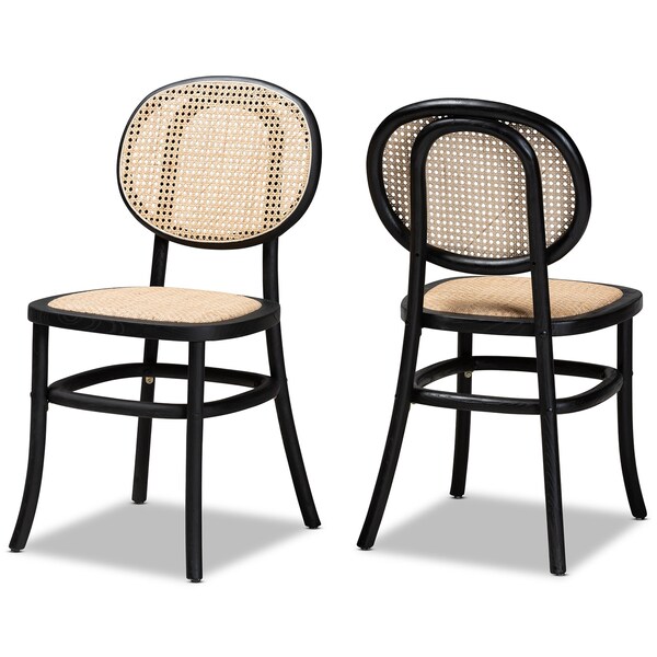 Baxton Studio Garold Mid-Century Brown Woven Rattan and Black Wood 2-Piece Cane Dining Chair Set PR - 195-2PC-12386-ZORO