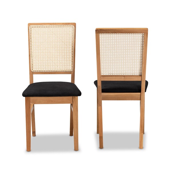 Baxton Studio Idris Mid-Century Black Fabric Upholstered and Oak brown Finished 2-Piece Rattan Dining Chair Set PR - 199-2PC-12163-ZORO