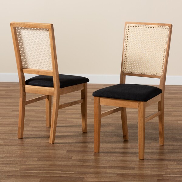 Baxton Studio Idris Mid-Century Black Fabric Upholstered and Oak brown Finished 2-Piece Rattan Dining Chair Set PR - 199-2PC-12163-ZORO
