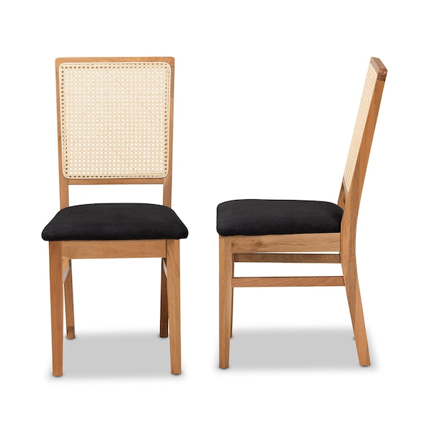 Baxton Studio Idris Mid-Century Black Fabric Upholstered and Oak brown Finished 2-Piece Rattan Dining Chair Set PR - 199-2PC-12163-ZORO
