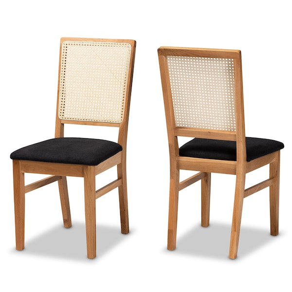 Baxton Studio Idris Mid-Century Black Fabric Upholstered and Oak brown Finished 2-Piece Rattan Dining Chair Set PR - 199-2PC-12163-ZORO
