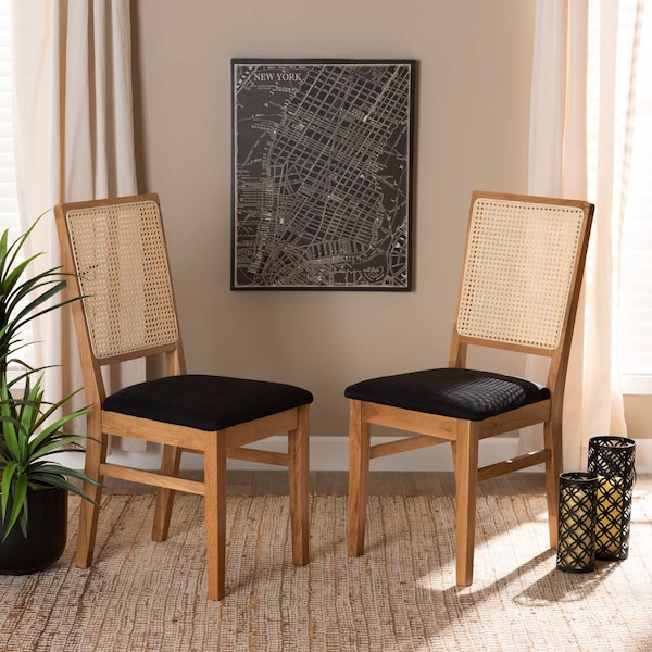 Baxton Studio Idris Mid-Century Black Fabric Upholstered and Oak brown Finished 2-Piece Rattan Dining Chair Set PR - 199-2PC-12163-ZORO