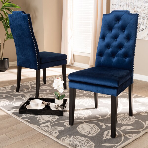 Baxton Studio Dylin Blue Velvet Upholstered Button Tufted Wood Dining Chair, PK2 - 155-9300