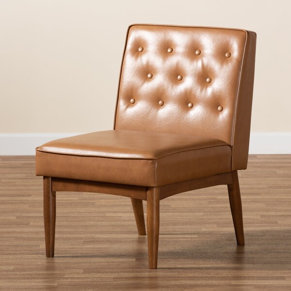 Baxton Studio Riordan Mid-Century Modern Tan Faux Leather and Walnut Brown Finished Wood Dining Chair - 186-11362-ZORO