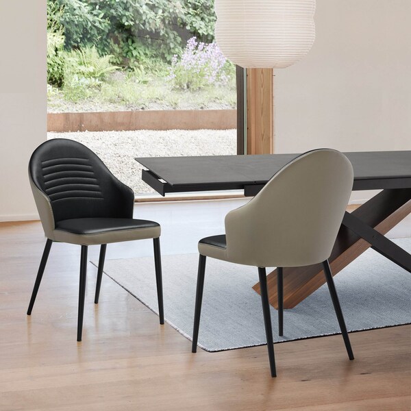 Armen Living Rocco Upholstered Dining Chair in Taupe Gray and Black Faux Leather w Black Metal Legs - Set of 2 - LCROSITAGRYBLK