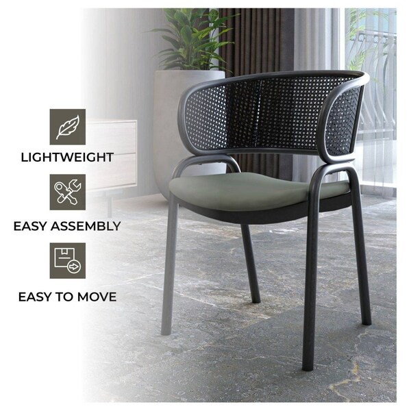 Leisuremod Ervilla Dining Chair in Black Steel Frame with Black Wicker Back and Grey Seat, 4PK - ECBL-20BL-GR4