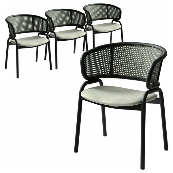 Leisuremod Ervilla Dining Chair in Black Steel Frame with Black Wicker Back and Grey Seat, 4PK - ECBL-20BL-GR4