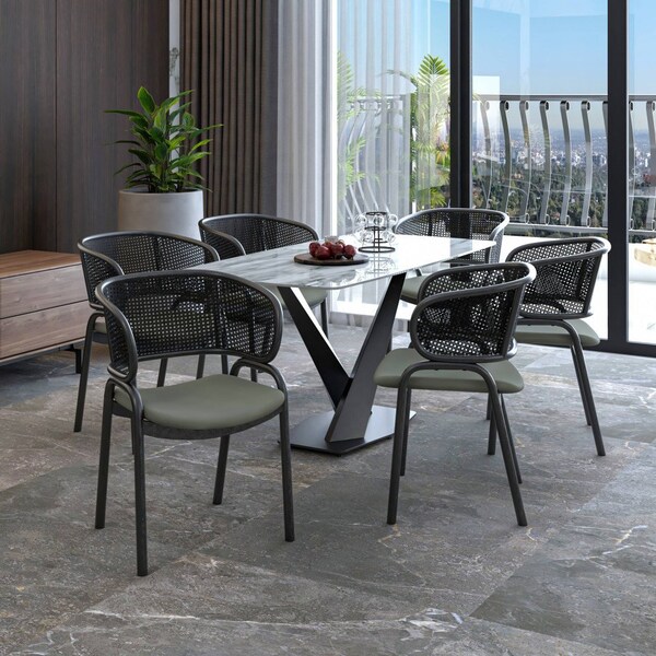 Leisuremod Ervilla Dining Chair in Black Steel Frame with Black Wicker Back and Grey Seat, 4PK - ECBL-20BL-GR4