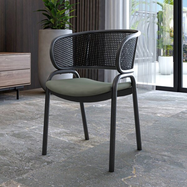 Leisuremod Ervilla Dining Chair in Black Steel Frame with Black Wicker Back and Grey Seat, 4PK - ECBL-20BL-GR4