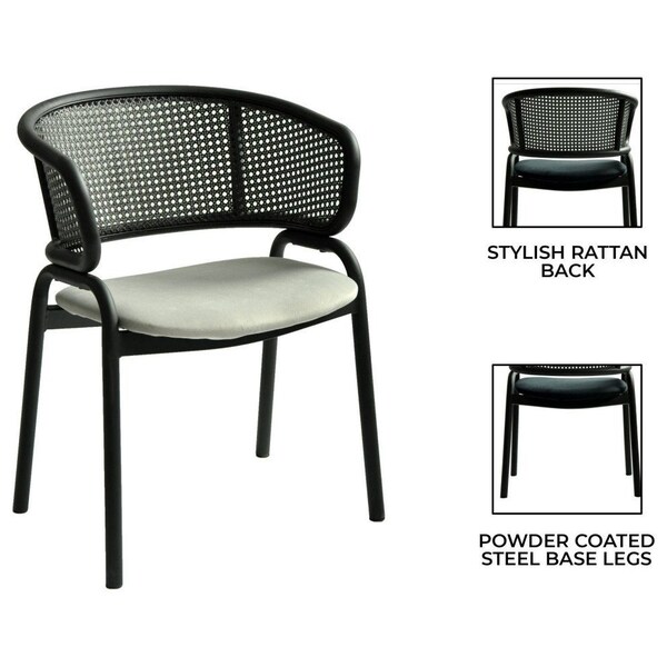 Leisuremod Ervilla Dining Chair in Black Steel Frame with Black Wicker Back and Grey Seat, 4PK - ECBL-20BL-GR4
